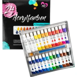 Acrylfarben + 3 Acrylhaar-Pinsel, in Künstlerqualität, à 12ml, hervorragender Deckkraft, 24 Tuben