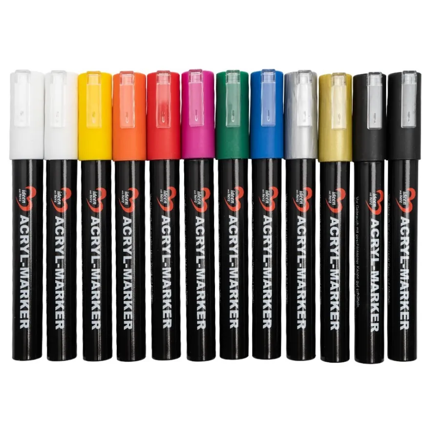 Acryl-Marker, mit Pump-Ventilsystem, 10 Farben, 4mm Strichstärke, 12 Stück