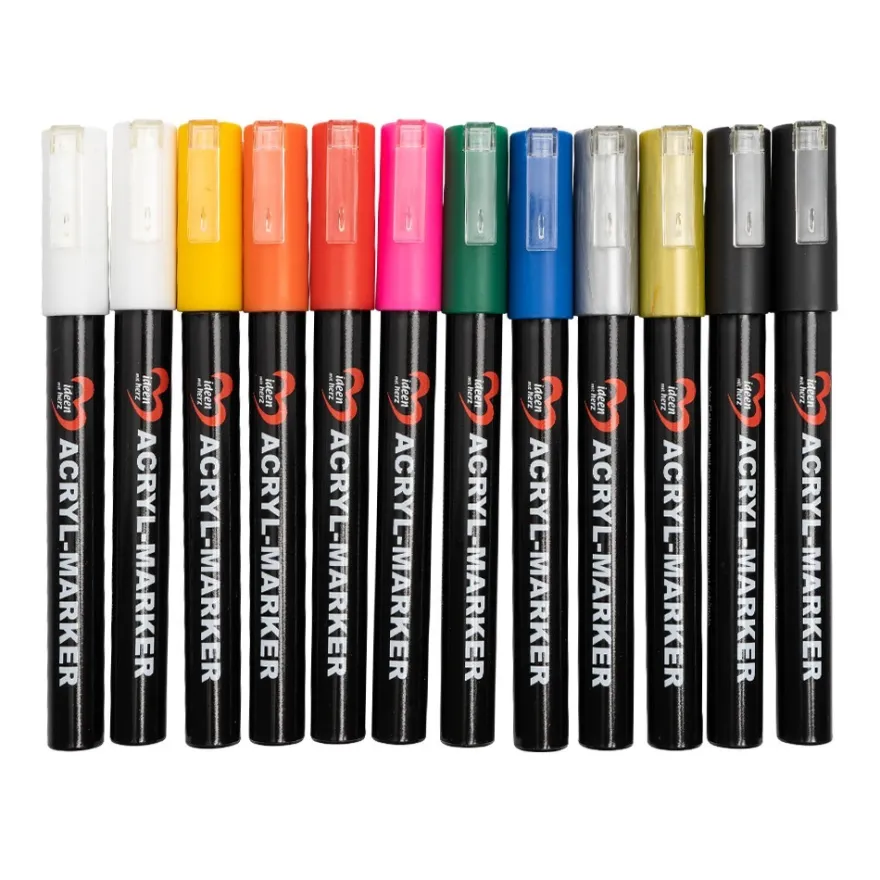 Acryl-Marker, mit Pump-Ventilsystem, 10 Farben, 3mm Strichstärke, 12 Stück