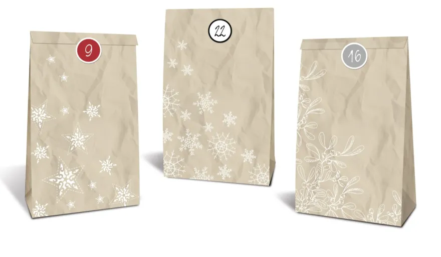 Adventskalender-Set "Natural", 24 Geschenktüten, 12cm x 19cm x 6cm, Stickerbogen mit Zahlen