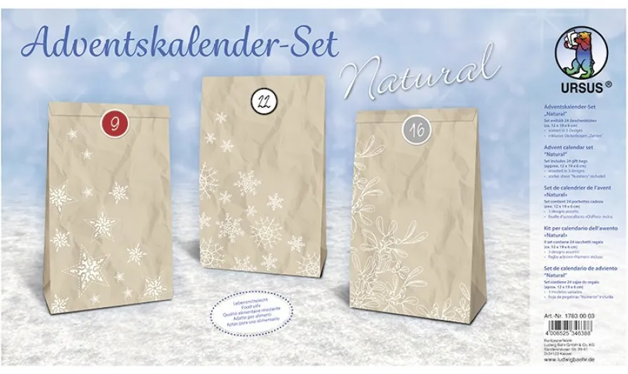 Adventskalender-Set "Natural", 24 Geschenktüten, 12cm x 19cm x 6cm, Stickerbogen mit Zahlen