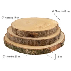 Baumscheiben, Ø16-17cm, Ø19-20cm, Ø24-25cm, 2cm stark, 3 Stück