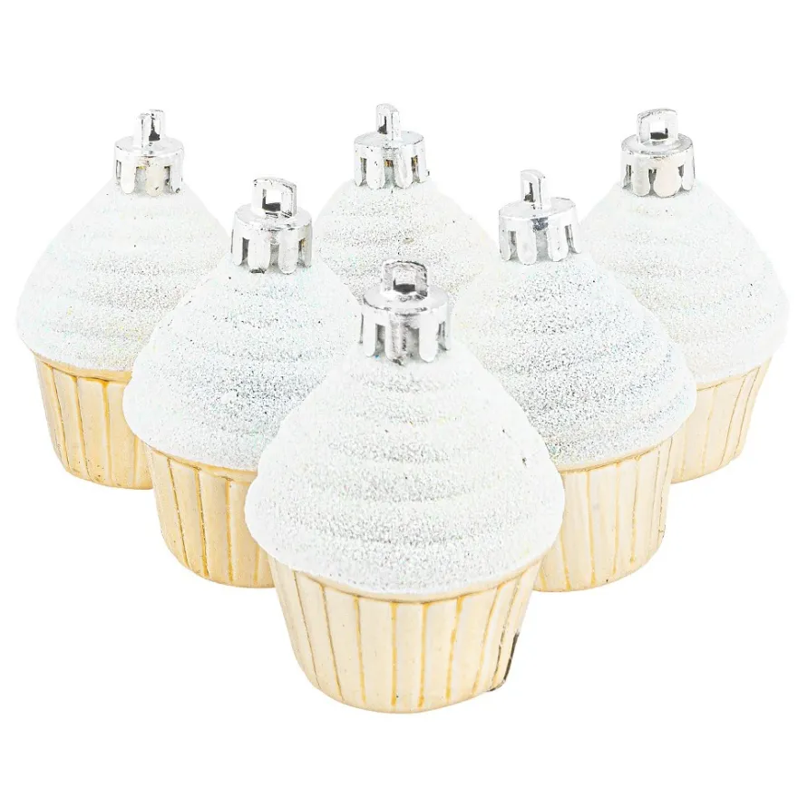 Baumschmuck, Cupcakes, Ø 4cm, 5,6cm hoch, glänzend hellgold, weißer Glitzer, 6 Stück