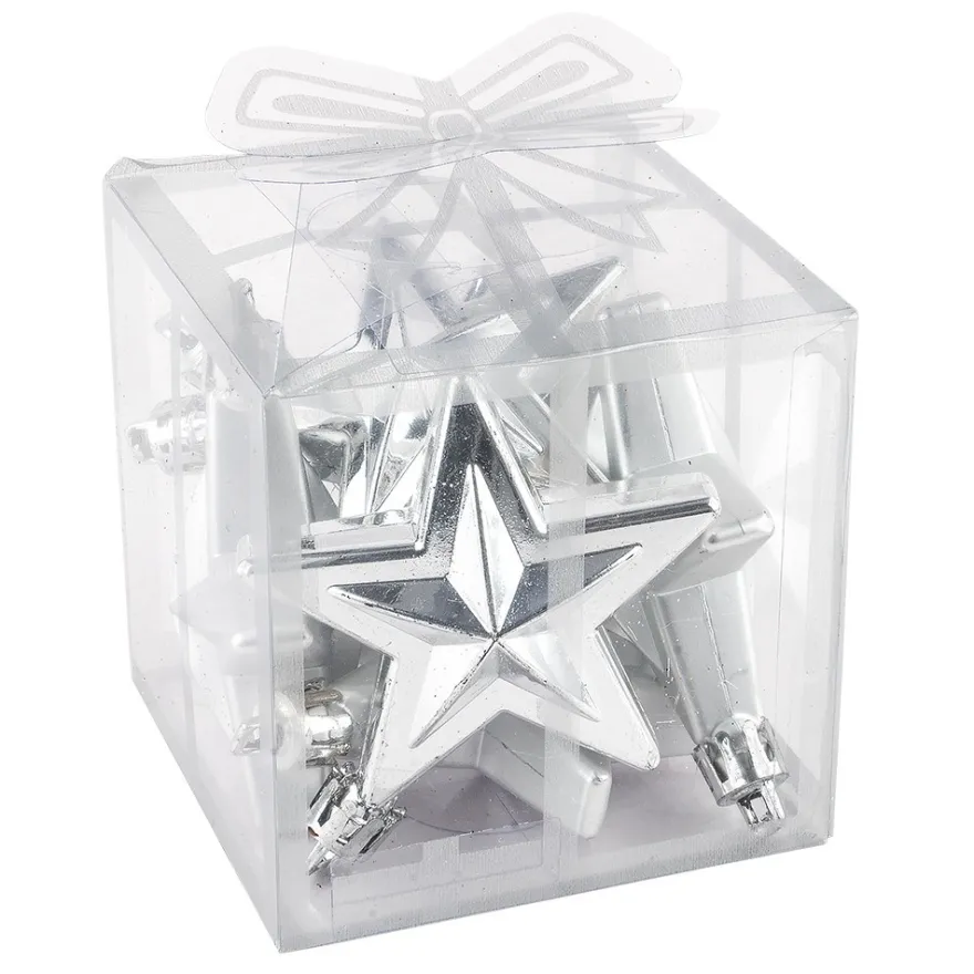 Baumschmuck, Sterne, 6cm x 2,8cm x 7,5cm, silber, zum Aufhängen, 6 Stück
