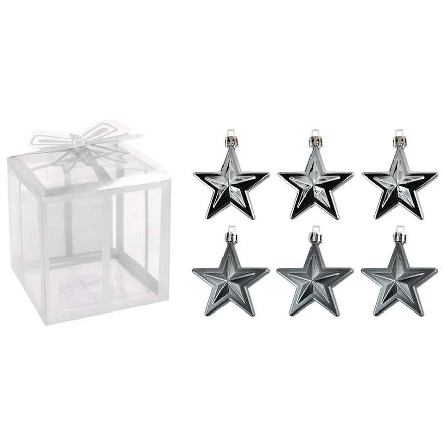 Baumschmuck, Sterne, 6cm x 2,8cm x 7,5cm, grau, zum Aufhängen, 6 Stück