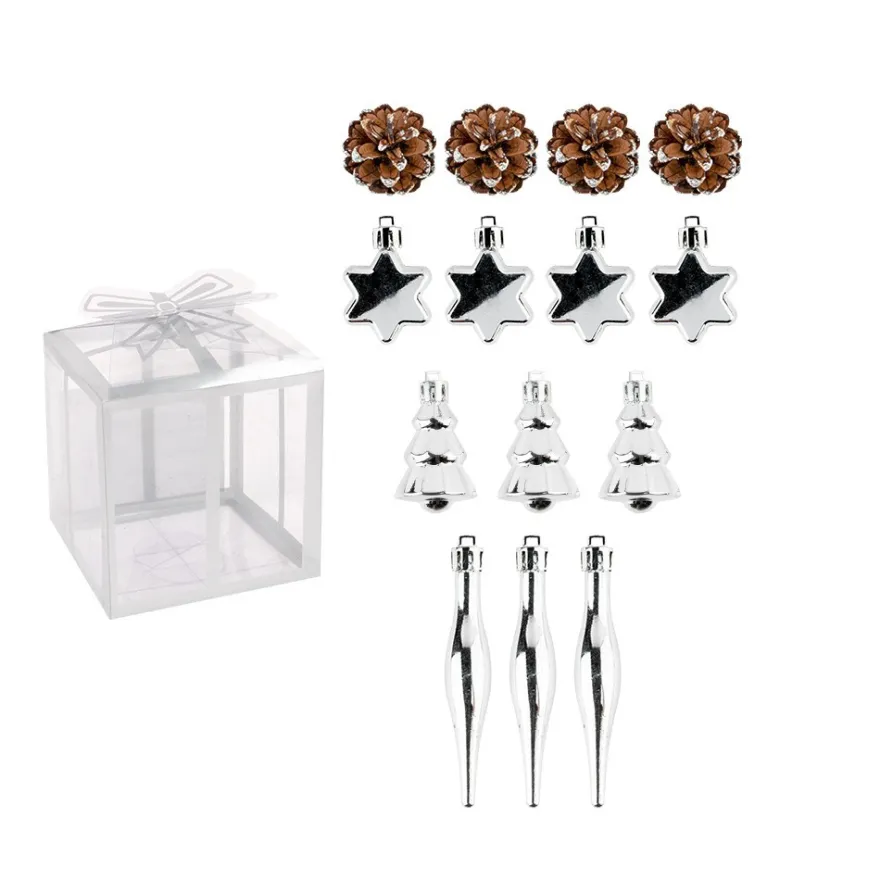 Baumschmuck, Vielfalt 1, versch. Designs & Größen, teilweise zum Aufhängen, silber, 14 Stück