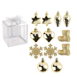 Baumschmuck, Vielfalt 2, versch. Designs & Größen, teilweise zum Aufhängen, hellgold, 12 Stück