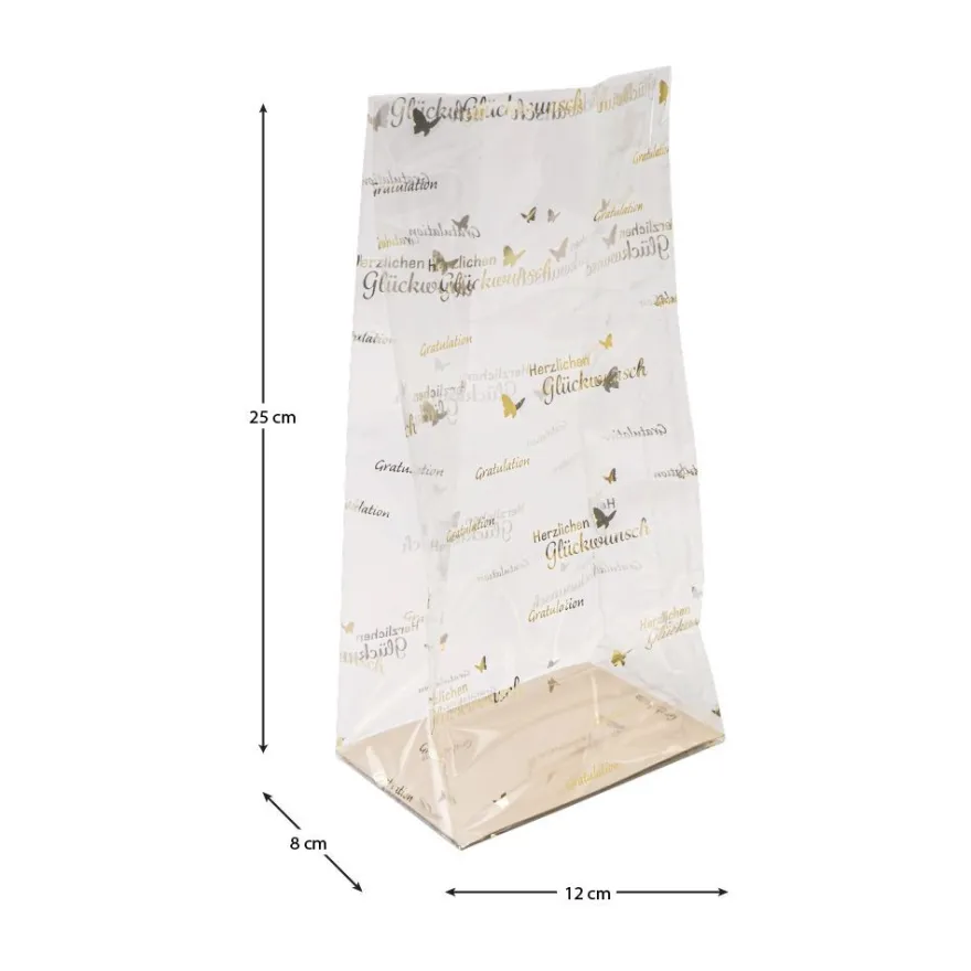 Blockbodenbeutel, Gratulation, 12cm x 8cm, 25cm hoch, mit Goldfoliendruck, 30 Stück