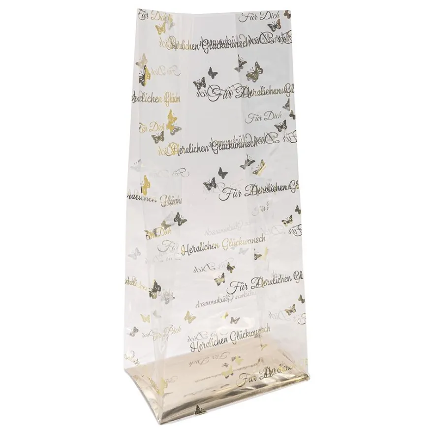 Blockbodenbeutel, Herzlichen Glückwunsch, 16cm x 10cm, 35,5cm hoch, mit Goldfoliendruck, 30 Stück