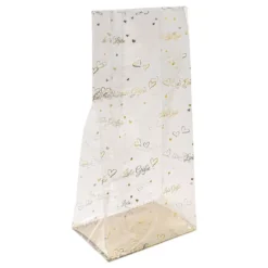 Blockbodenbeutel, Liebe Grüße, 14cm x 9cm, 30cm hoch, mit Goldfoliendruck, 30 Stück
