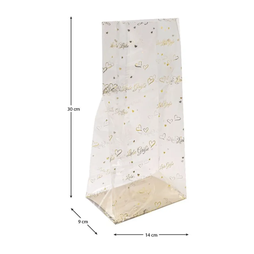 Blockbodenbeutel, Liebe Grüße, 14cm x 9cm, 30cm hoch, mit Goldfoliendruck, 30 Stück