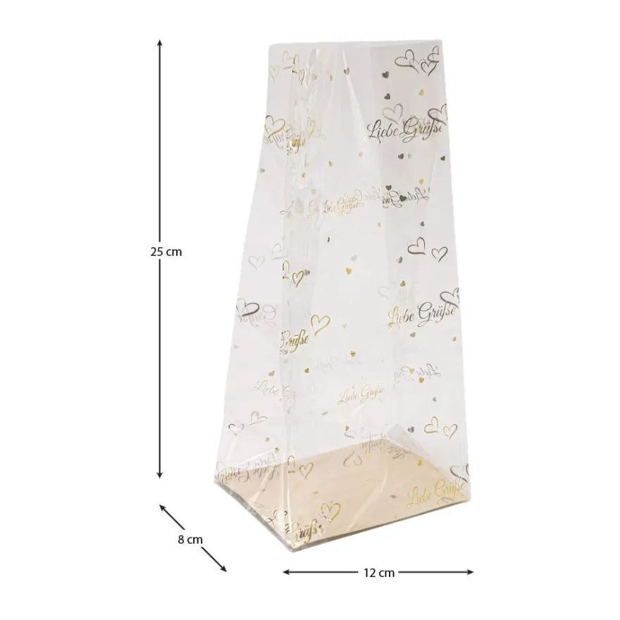 Blockbodenbeutel, Liebe Grüße, 12cm x 8cm, 25cm hoch, mit Goldfoliendruck, 30 Stück