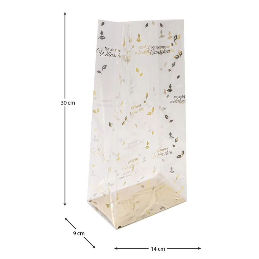 Blockbodenbeutel, Mit besten Wünschen, 14cm x 9cm, 30cm hoch, mit Goldfoliendruck, 30 Stück