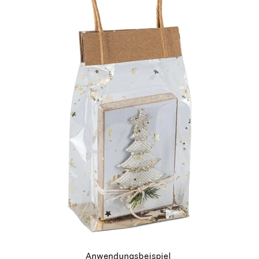 Blockbodenbeutel, Sterne, 12cm x 8cm, 25cm hoch, goldener Foliendruck & Einlegeboden, 30 Stück