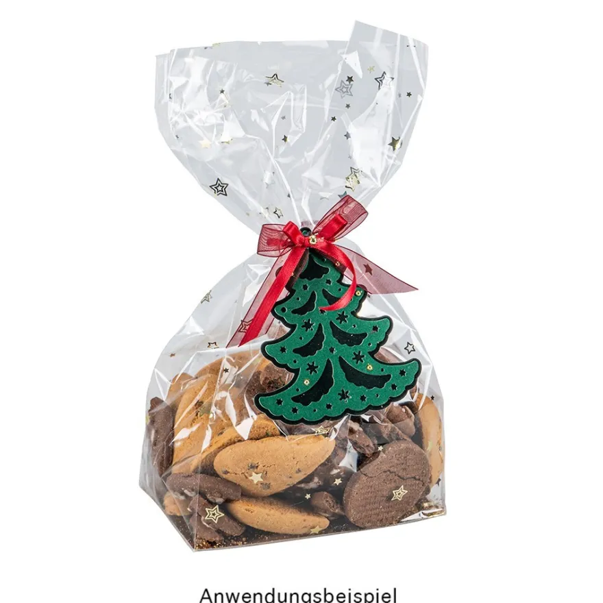 Blockbodenbeutel, Sterne, 14cm x 9cm, 30cm hoch, goldener Foliendruck & Einlegeboden, 30 Stück