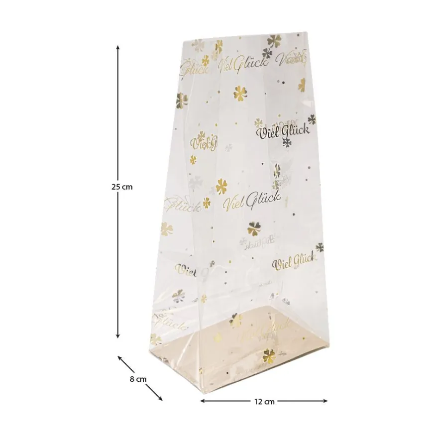 Blockbodenbeutel, Viel Glück, 12cm x 8cm, 25cm hoch, mit Goldfoliendruck, 30 Stück