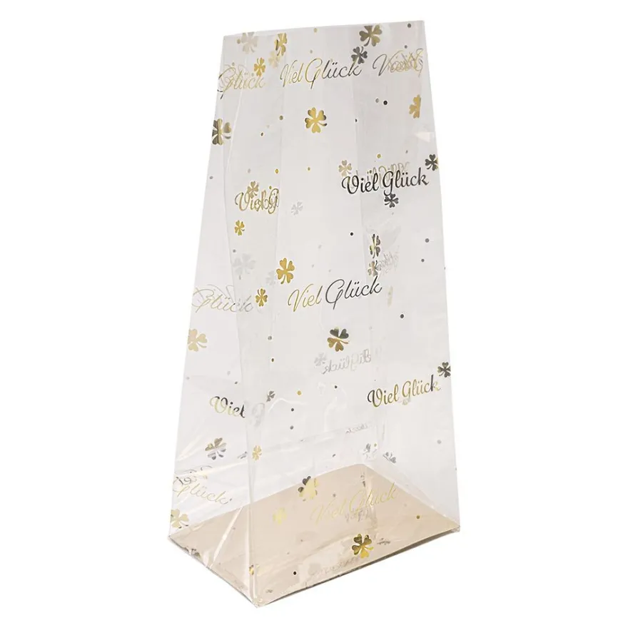 Blockbodenbeutel, Viel Glück, 12cm x 8cm, 25cm hoch, mit Goldfoliendruck, 30 Stück
