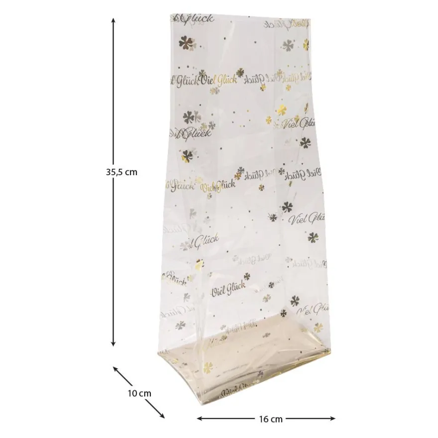 Blockbodenbeutel, Viel Glück, 16cm x 10cm, 35,5cm hoch, mit Goldfoliendruck, 30 Stück