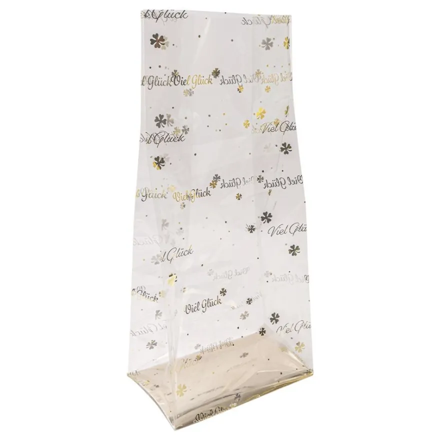 Blockbodenbeutel, Viel Glück, 16cm x 10cm, 35,5cm hoch, mit Goldfoliendruck, 30 Stück