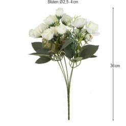 Blütenbusch, Rosen in Creme, 36cm lang, 15 Blüten, versch. Größen Ø 2,5cm bis Ø 4cm