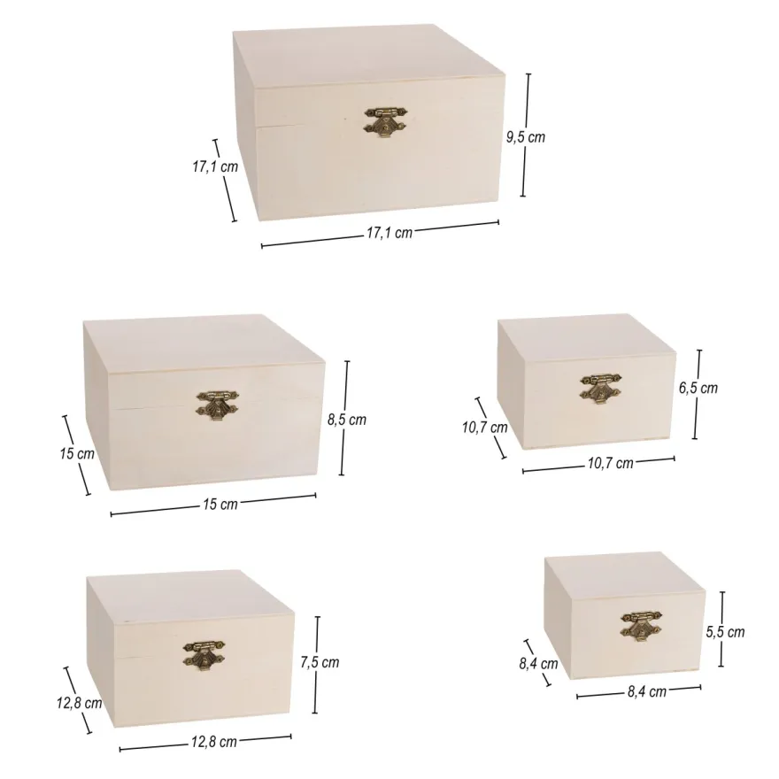 Boxen, Holz, quadratisch, verschiedene Größen, 5 Stück
