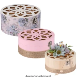 Boxen, Holz, rund, mit Laser-Ornamentik, verschiedene Größen, 3 Stück