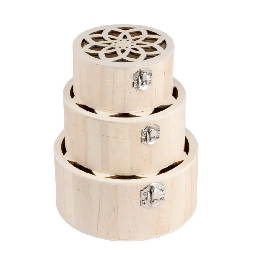 Boxen, Holz, rund, mit Laser-Ornamentik, verschiedene Größen, 3 Stück