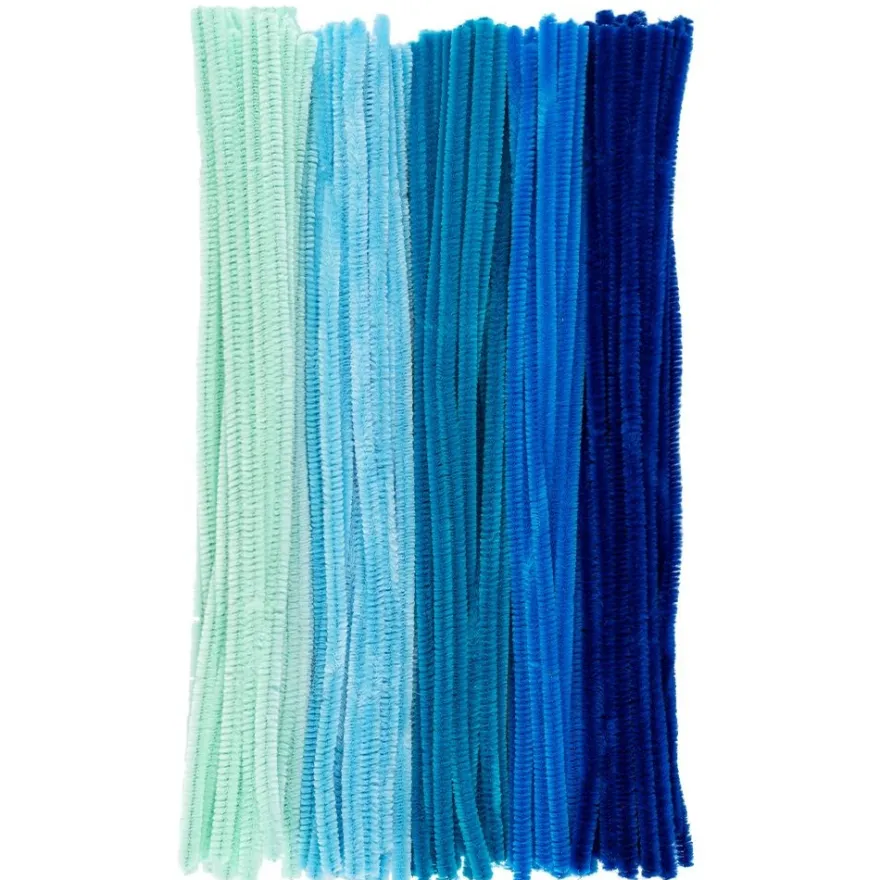 Chenille-Drähte, Blautöne, 30cm lang, Ø 6mm, 5 verschiedene Farben, 100 Stück