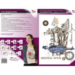 Color Bügeltransfer, DIN A4, filigran ohne Hintergund, Vintage, Herr mit Lokomotive
