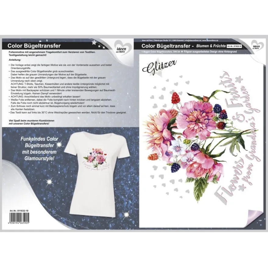Color Bügeltransfer, Glitzer, DIN A4, Blumen & Früchte