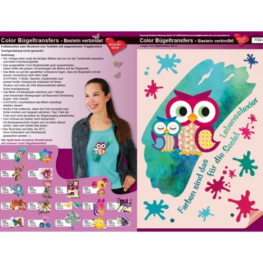 Color Bügeltransfers, DIN A4, Bastelspruch, Eulen
