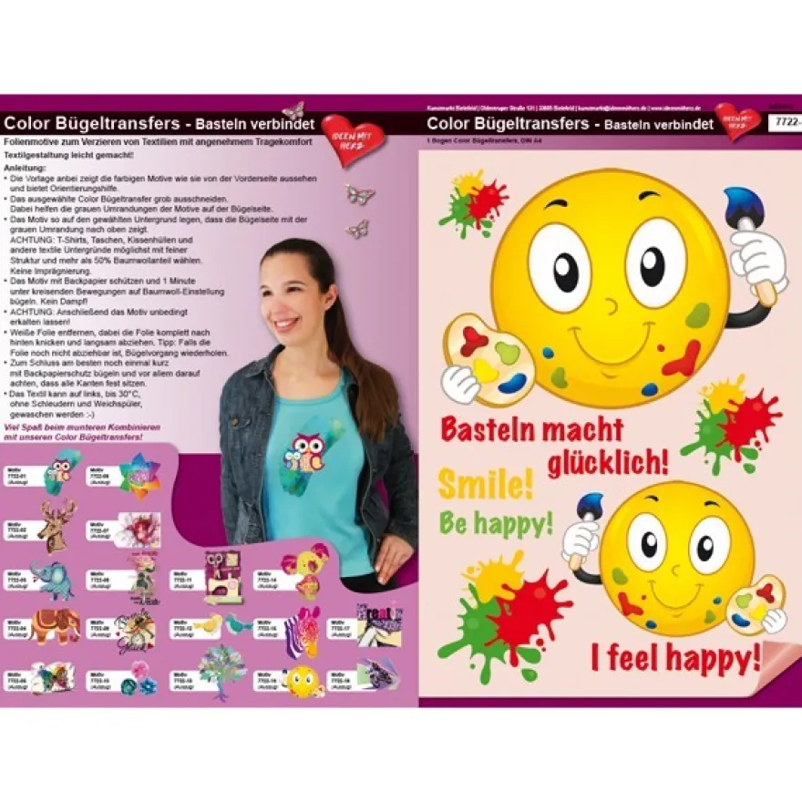 Color Bügeltransfers, DIN A4, Bastelsprüche, Smiley
