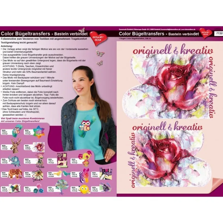 Color Bügeltransfers, DIN A4, Bastelspruch, Rose