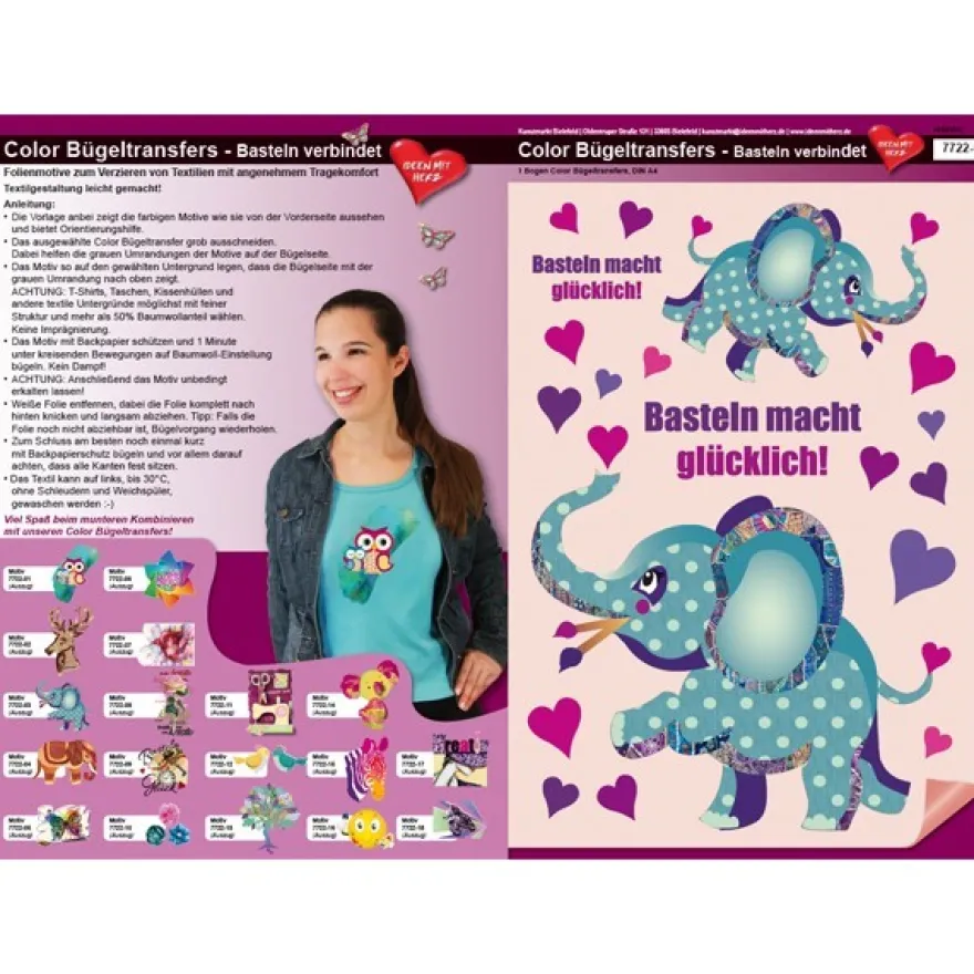 Color Bügeltransfers, DIN A4, Bastelspruch, Glücklicher Elefant