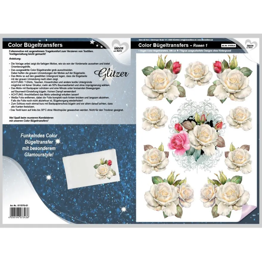 Color Bügeltransfers, Glitzer, DIN A4, Rosen 1