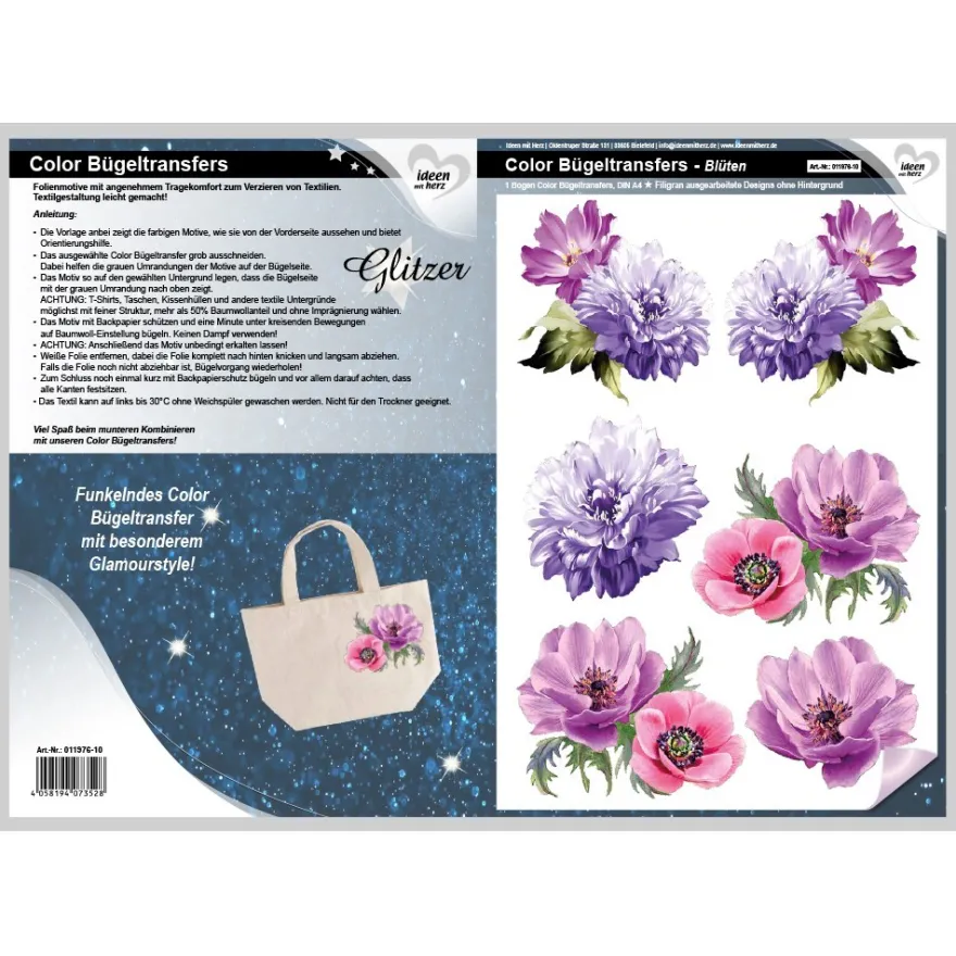 Color Bügeltransfers, Glitzer, DIN A4, Blüten