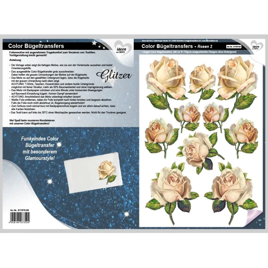 Color Bügeltransfers, Glitzer, DIN A4, Rosen 2