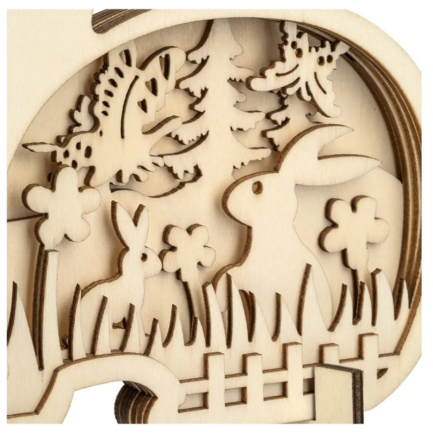 3-D Bausatz, Holzhase mit Frühlingsszene, 6 Elemente, inkl. 40 Klebepads, 9-teilig
