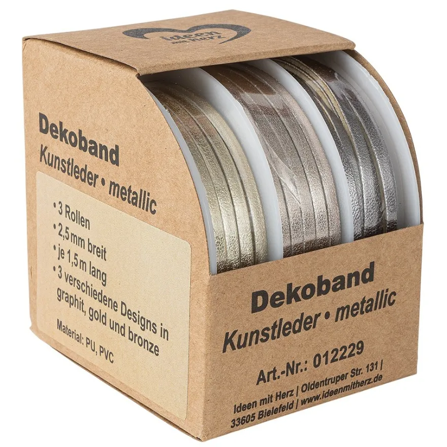Dekoband, Kunstleder, metallic, 2,5mm breit, je 1,5m lang, versch. Designs & Farben, 3 Rollen