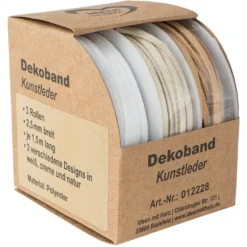 Dekoband, Kunstleder, 2,5mm breit, je 1,5m lang, versch. Designs, weiß, creme, natur, 3 Rollen