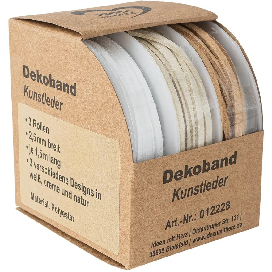 Dekoband, Kunstleder, 2,5mm breit, je 1,5m lang, versch. Designs, weiß, creme, natur, 3 Rollen
