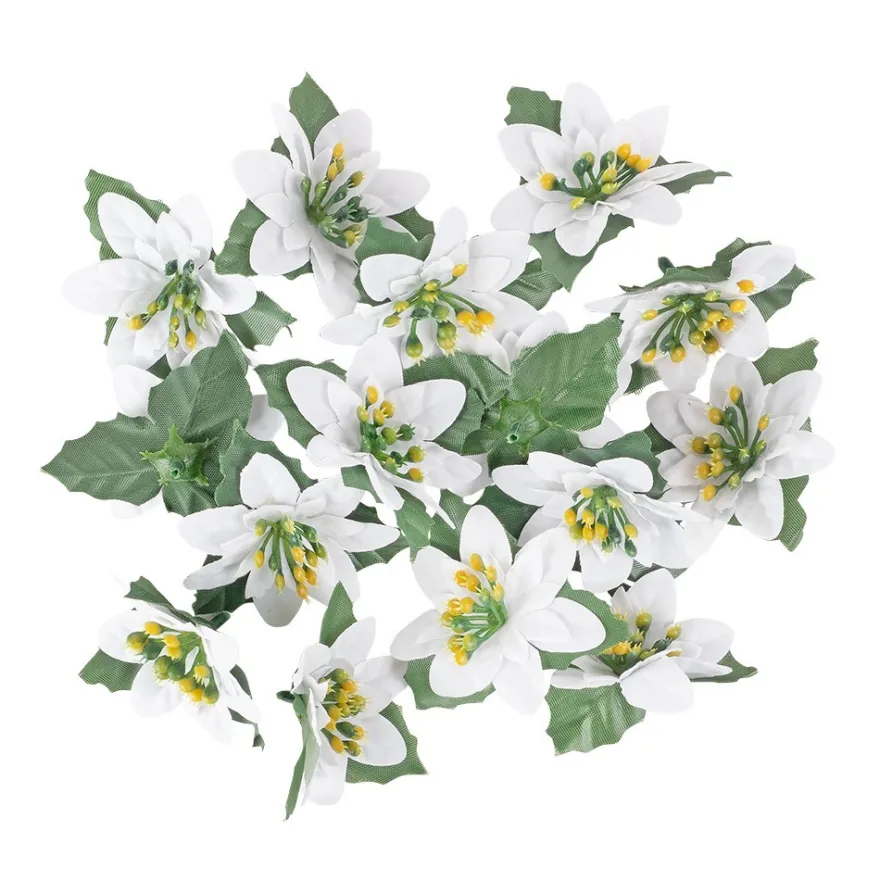 Deko-Blüten Weihnachtsstern 1, Ø 8cm, weiß mit grünen Blättern, 15 Stück