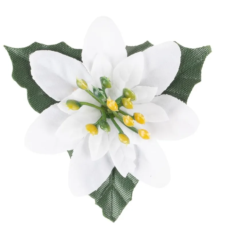 Deko-Blüten Weihnachtsstern 1, Ø 8cm, weiß mit grünen Blättern, 15 Stück