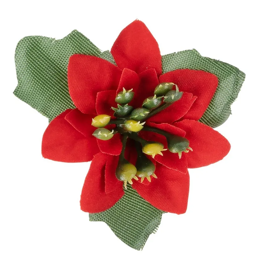 Deko-Blüten Weihnachtsstern 2, Ø 4cm, rot mit grünen Blättern, 20 Stück