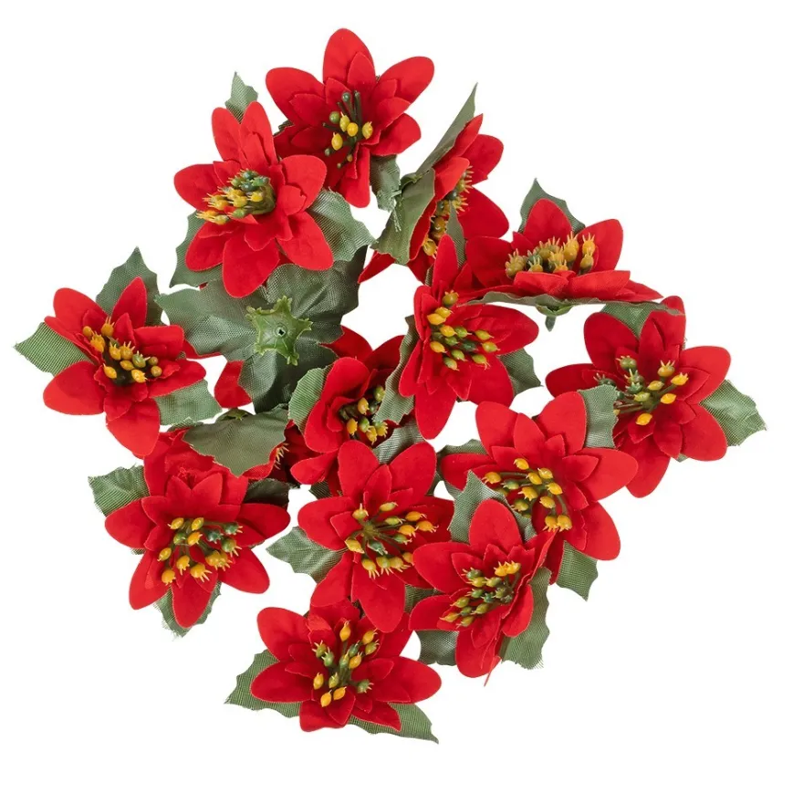 Deko-Blüten Weihnachtsstern 1, Ø 8cm, rot mit grünen Blättern, 15 Stück
