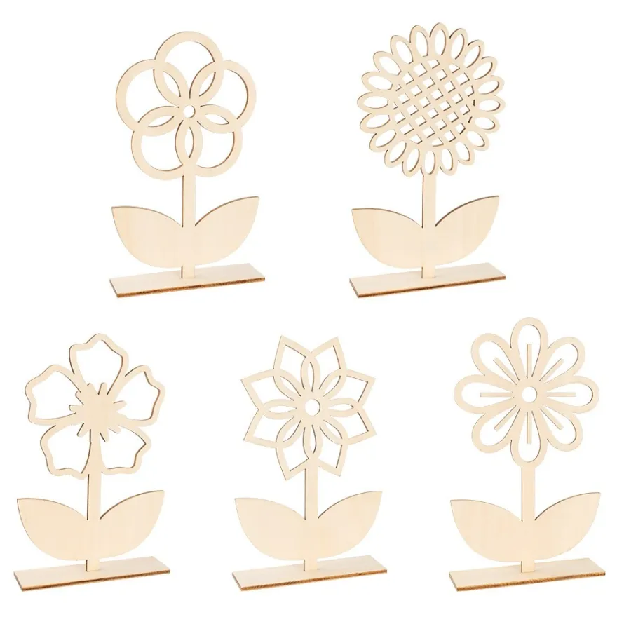 Deko-Blumen aus Holz zum Aufstellen, 14,5cm bis 15,5cm, 5 Stück