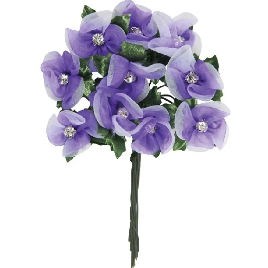 Deko-Blumen mit Strass-Blüte, weiß/flieder, 10er Set