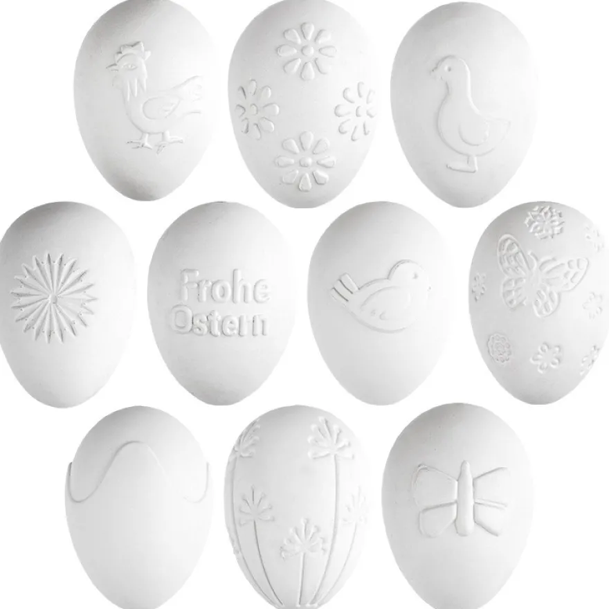 Deko-Eier, Ø 4cm, 5,8cm hoch, weiß, geprägte Ornamentik, 10 versch. Designs, 10 Stück