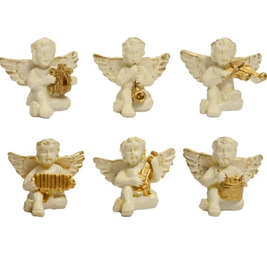 Deko-Engel mit Instrumenten, Steinharz, weiß-angegoldet, 3,2 x 2,8 cm, 6er Set