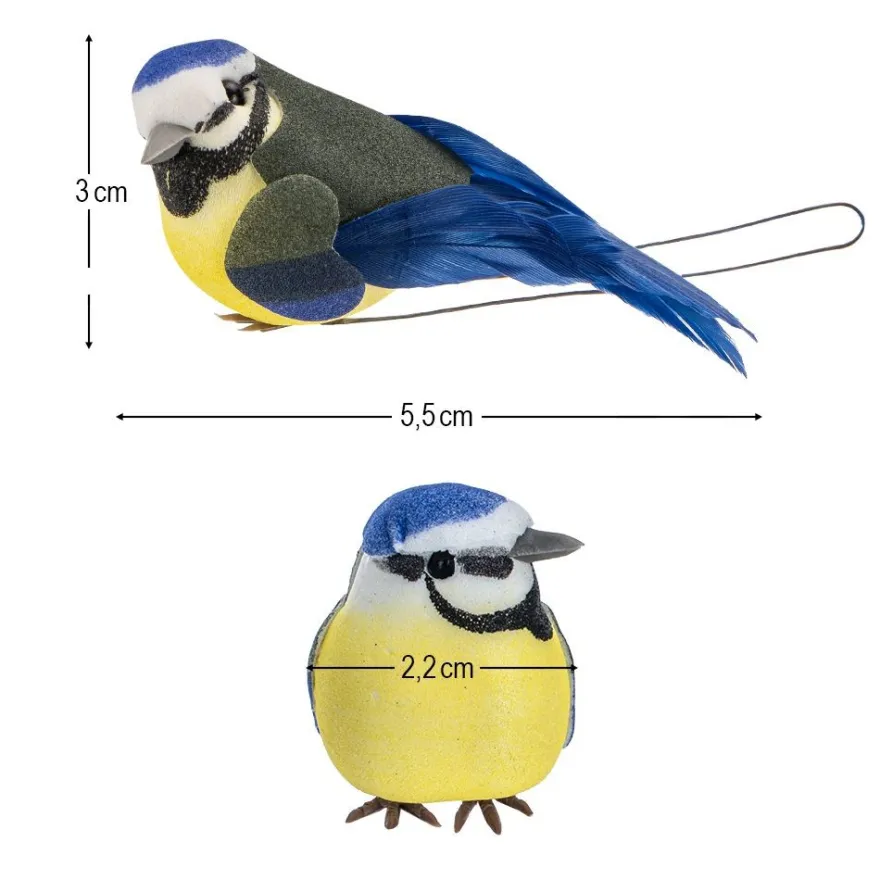 Deko-Federvögel, Blaumeisen, 2,2cm x 5,5cm x 3cm, 10 Stück